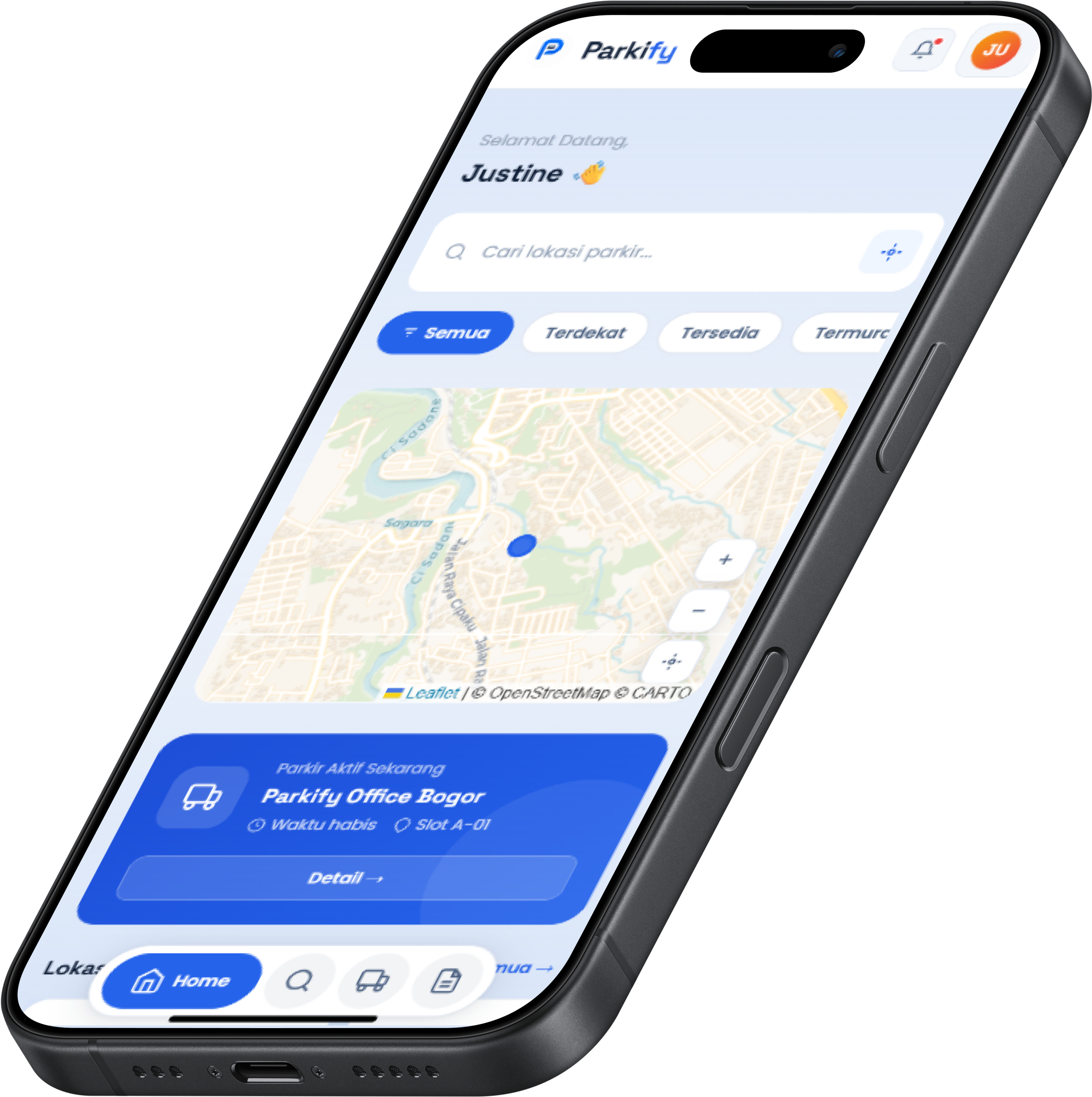 Aplikasi Parkify Smart Parking SMKN 4 Bogor menampilkan ketersediaan slot parkir real-time